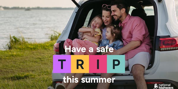 National Highways Graphic showing happy family with words 'Have a Safe Trip this summer' overlaid
