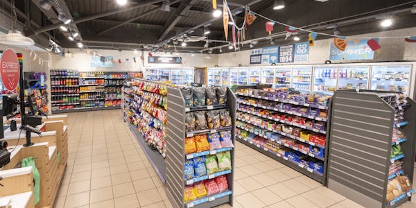 Inside of Norton Canes & Co-op store, with fully stocked shelves with Co-op product
