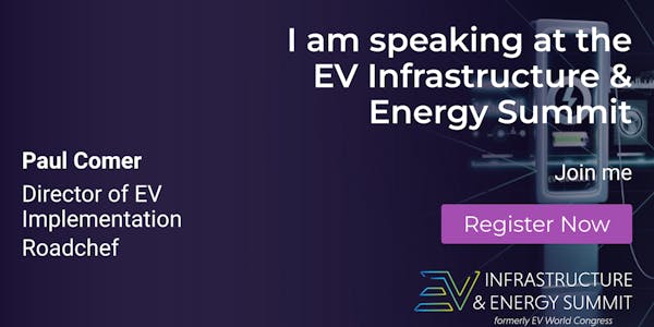 A banner announcing Paul Comer, Director of EV Implementation, will be visiting the EV Infrastructure and Energy Summit in October