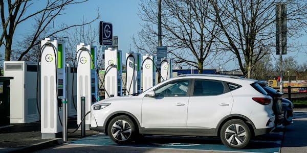 White MG Electric Vehicle charging on 350kW-capable HPC chargers at Roadchef Sandbach Southbound