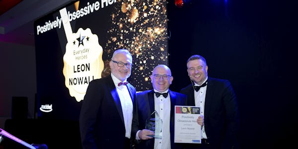 Chester Site Director Stuart Wakefield collects the Positively Obsessed Hero of the Year Award, on behalf of Leon Nowall. Stuart is joined in this photograph by Roadchef CEO Mark Fox and Operations Director Peter Cossar