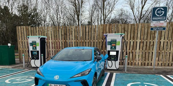 Blue MG EV on charge at Roadchef Northampton Southbound