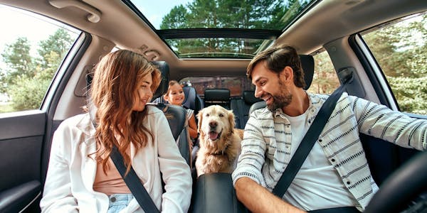 Family with Golden Retriever in Car