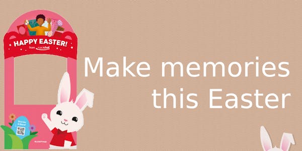 Roadchef Easter Standee on brown background, with words "Make Memories this Easter", prepared for Roadchef's free easter egg hunt